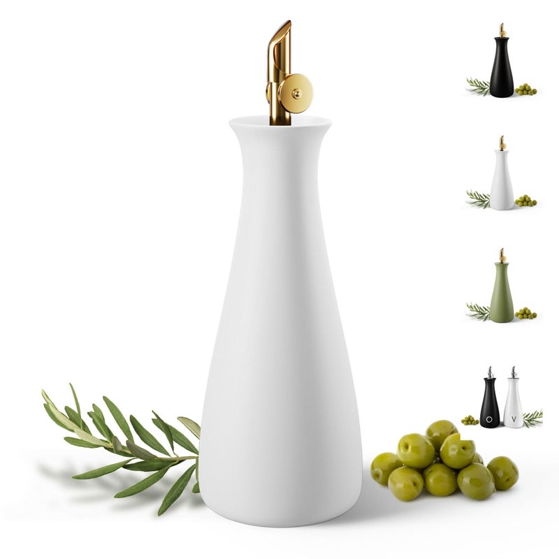 HB Design Co. Ceramic Olive Oil Dispenser with Self-Closing Gold Spout - 530 ML Capacity Matte White Ceramic Oil Dispenser for Kitchen - Leak Proof EVOO Dispensing Bottle - Stylish  Ergonomic  Durable  Easy Pour - Image 1